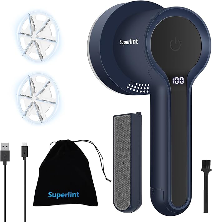 SUPER LINT Electric Fabric Shaver, Sweater Shaver with LED Display, 6-Leaf Blades, Clothes Brush, 3-Speeds for Removing Fuzz and Pill Form Clothing, Couch, Furniture, Navy Blue
