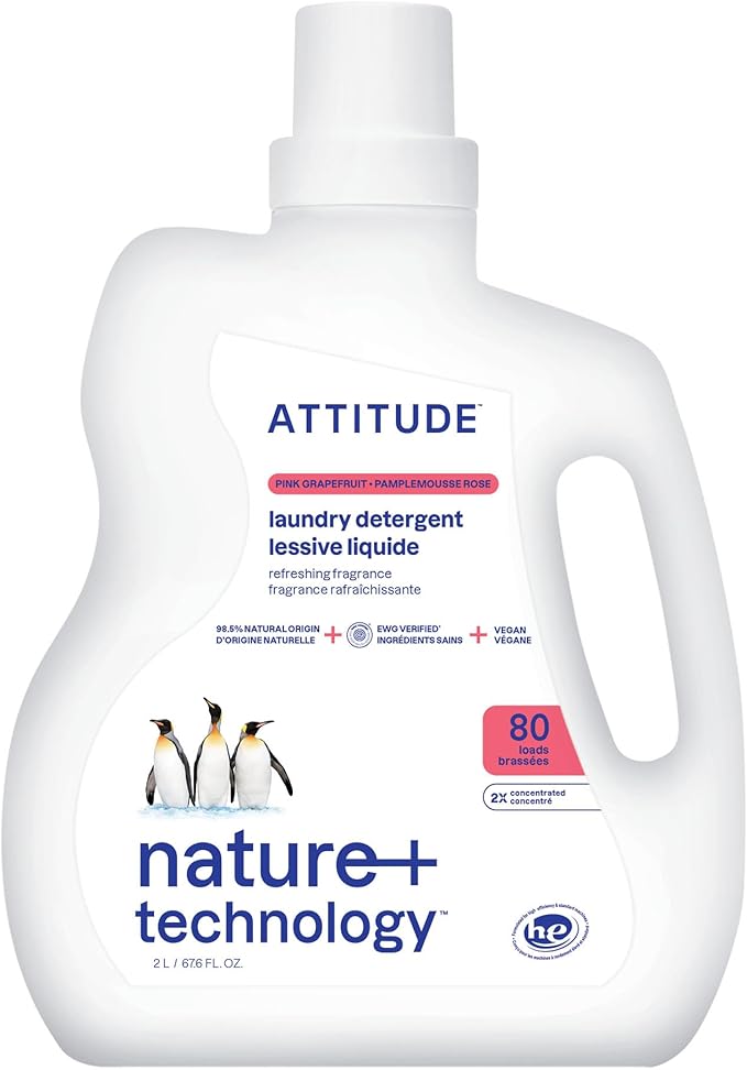 ATTITUDE Liquid Laundry Detergent, EWG Verified, HE Compatible, Plant-Based & Vegan, Natural Laundry Soap, Pink Grapefruit, 80 Loads, 67.6 Fl Oz