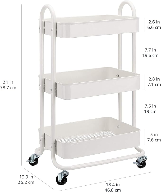 Amazon Basics 3-Tier Rolling Utility or Kitchen Cart, Lockable Wheels, Multifunctional Storage, White