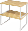 SUYU Kitchen Cabinet Organizer Shelf,Bamboo Spice Rack Set of 2,Space-Saving Countertop Organizer for Kitchen, Office, or Closet, Stackable and Nesting Shelves,White and Natural SCW201B