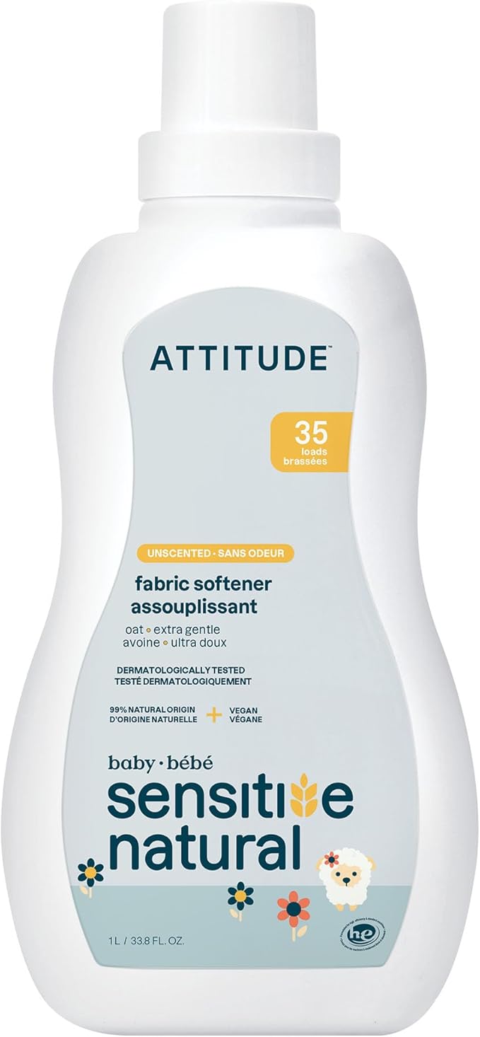 ATTITUDE Baby Fabric Softener for Sensitive Skin, Plant and Mineral Based Ingredients, Vegan Household Products, Unscented, 35 Loads, 33.8 Fl Oz