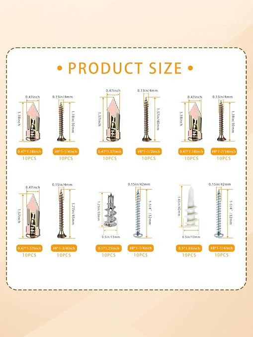 Self Drilling Drywall Anchors with Screws Kit 120 Pcs-4 sizes Sheetrock Anchors & 5 sizes Screw Sizes New Upgraded Zinc Plated Steel and Plastic A variety of sizes are sufficient for various scenarios