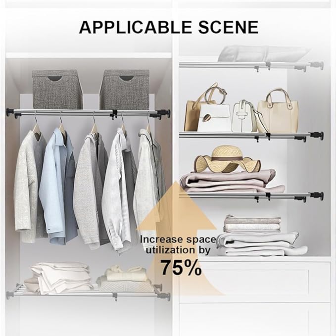 Hershii Expandable Closet Tension Shelf Rod Adjustable Metal Storage Rack Cabinet Organizer DIY Divider Separator Shelves for Wardrobe Cupboard Kitchen Bathroom, Black, 15.75-23.62inches