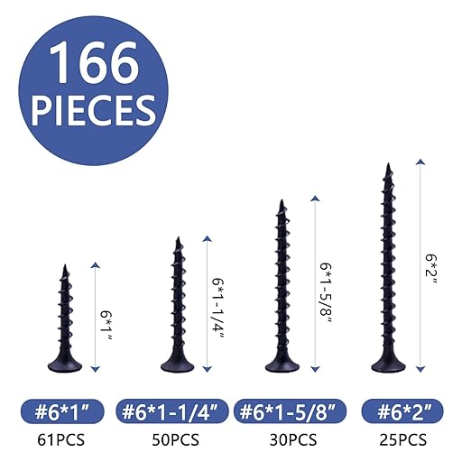 #6 Black Wood Screws for Drywall, Drywall Screw Combo Kit, 166 Pieces Coarse Threaded Slate Screw Set, Phillips Groove Self-Tapping Drywall Screws 4 Sizes 1", 1-1/4", 1-5/8", 2"