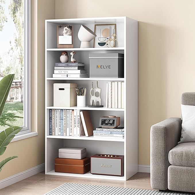 Basic Open Shelf Bookcase - 5-Tier Wooden Cube Storage Shelves Split Bookshelf, White