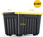 Nazhura 97 Quart Plastic Storage Bin, Stackable and Nestable Storage Boxes with Yellow Lids and Secure Latching Buckles, Large Storage Container (Black/Yellow, 97Quart-6Pack)