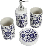 Chinese Blue and White Porcelain Bathroom Set – 4-Piece Ceramic Bath Accessory Set with Lotion Dispenser, Toothbrush Holder, Tumbler, and Soap Dish