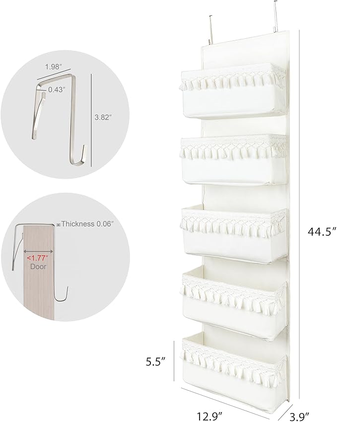 Dahey Over The Door Organizer Boho Nursery Storage Decor Closet Hanging Organizer with Tassels Decoration for Bedroom Nursery Bathroom Apartments Dorm Pantry, 5 Pockets, White