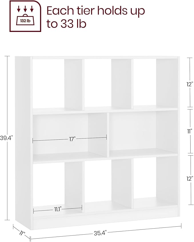 VASAGLE Bookcase, Bookshelf, Freestanding Storage Unit, 8 Open Compartments, Used Horizontally, Vertically, Upside Down, 11 x 35.4 x 39.4 Inches, for Living Room, Study, Office, White ULBC55WT