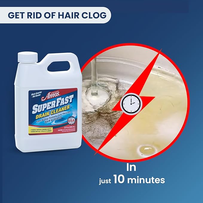 Professor Amos' Superfast Drain Cleaner Dissolve Hair, Grease, Food & Build Up Fast, 4-6 Applications Per Bottle