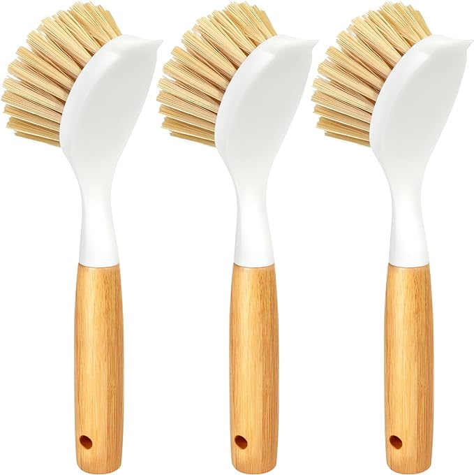 Holikme 3 Pack Dish Brush Set with Bamboo Handle, Kitchen Cleaner for Cleaning Pot, Pan, Sink and Stove, Scrubber with Medium Bristles, Yellow