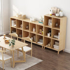 IOTXY Freestanding Open Cubes Bookcase - 2-Tier Floor Standing Wooden Storage Display Cabinet Organizer with Legs for Home Office, 4-Cubes Open Shelf Low Short Bookshelf, Oak