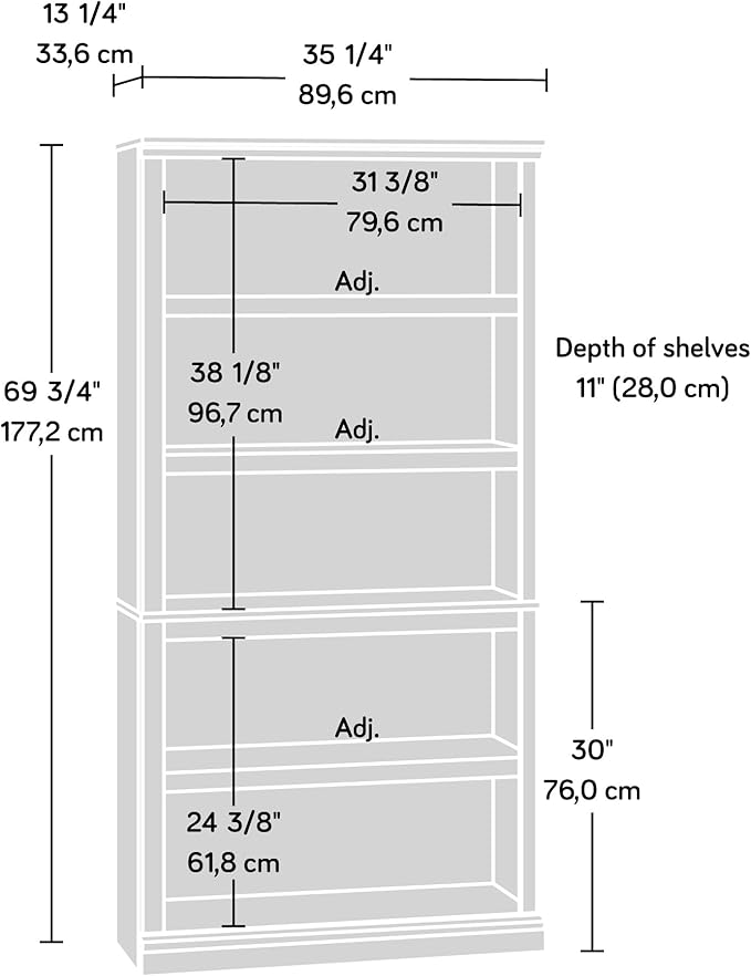 Sauder Miscellaneous Storage 5 Bookcase/Book Shelf, L: 35.28" x W: 13.23" x H: 69.76", Estate Black