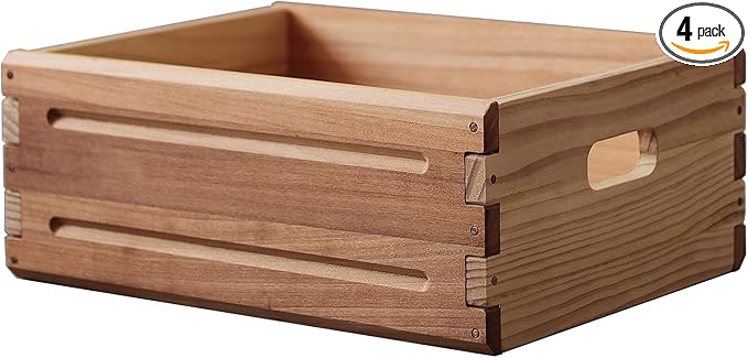 4 Pack Wooden Storage Bins of 16"x12"x6.25".Durable Open Solid Wood Box w/ Handles.Farmhouse Container Shelf Baskets. Multipurpose Home Décor Organizer Crates for Display,Pantry,Book,CD