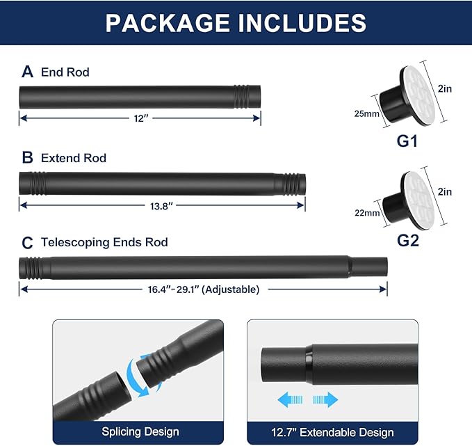 No Drilling Closet Rod, 27.5-74 Inches Hanging Closet Rod for Clothes, Closet Bar & Pole Heavy-duty, Closet Rods for Hanging Clothes For Closet Wardrobes Bathroom Laundry RV Curtains,Black