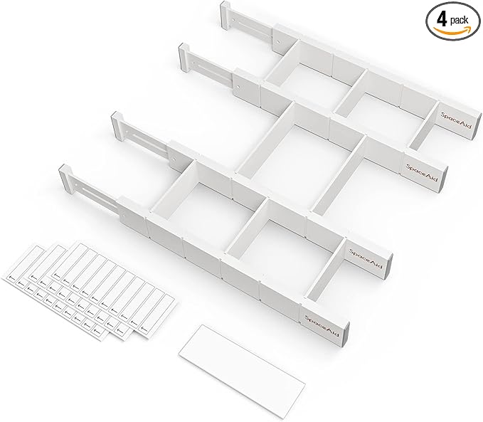 SpaceAid Bamboo Drawer Dividers with Inserts and Labels, Kitchen Adjustable Drawer Organizers, Expandable Organization for Home, Office, Dressers, 4 Dividers with 9 Inserts (17"-22" White)