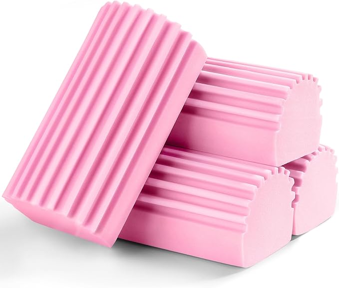 4-Pack Damp Clean Duster Sponge,Pink Damp Dusting Sponge,Duster Baseboard Cleaner Sponge with Ridges,Reusable Wet Duster Sponge,Household Cleaning Sponges for Blinds,Window Track Grooves