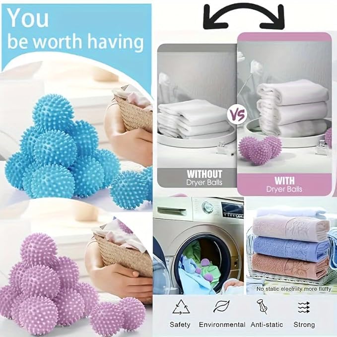 Reusable Laundry Dryer Balls, Plastic Anti-Static Fabric Softener, Reduces Wrinkles, Sustainable Cleaning Supplies, Essential Washing & Drying Aid for Soft, 6 Pack, 2.36 in (Sky Blue/Purple/Pink)