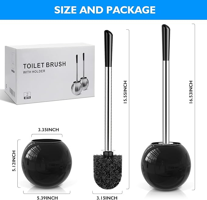 Toilet Brush and Holder 2 Pack, 304 Stainless Steel Toilet Brush with Extended and Durable Comfortable Brush Handle, Toilet Bowl Brush for Bathroom Toilet - Ergonomic, Pratical Durable (Black)