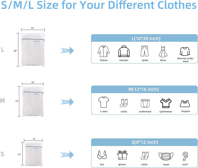 GOGOODA 3 PCS Laundry Mesh Bags Delicates Wash Bags for Lingerie Stockings (1 Large 16 x 20 Inches, 1 Medium 12 x 16 Inches, 1 Small 8 x 12 Inches)