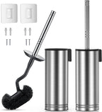 Hamitor Toilet Brush and Holder Set: 304 Stainless Steel Rustproof Toilet Scrubber with Under Rim Deep Cleaning Curved Bristle - Bathroom Cleaner Brush for Renters Homeowners Family Silver 2 Pack