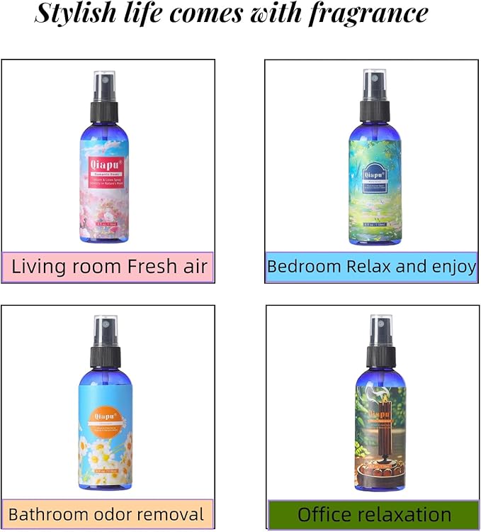 Natural Bedroom Linen Spray Scented Room Mist with Plant Extracts Long Lasting Freshness for Sheets, Pillows & Curtains –Ebony Agarwood + Misty Forest + Chamomile + Romantic Rose 4oz（4 Bottle）