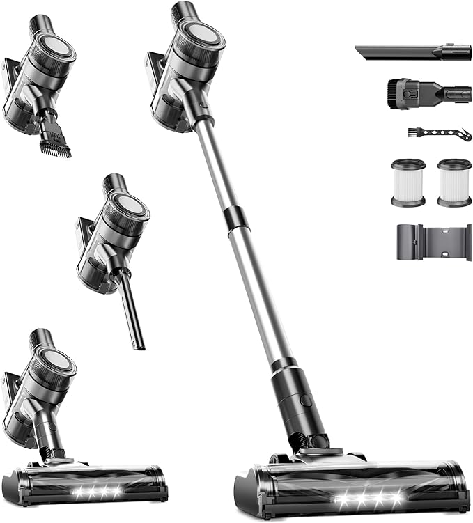 Cordless Vacuum Cleaner, 35Kpa Vacuum Cleaner for Home, 45Mins Stick Vacuum with LED Display, Anti-Tangle & Wall Mount Charging, 6 in 1 Lightweight Vacuum for Hard Floors, Carpet, Pet Hair (Black)