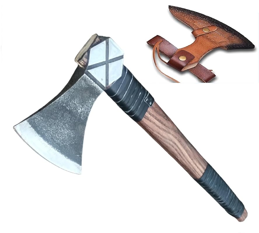 Kacha Store | custom handmade Viking medieval Axe with Viking gift,Hand Axe,Viking Gifts for Men,Camping Tomahawk,Bearded,Valhalla Axe with Leather Sheath (Battle axe) (Valhalla)