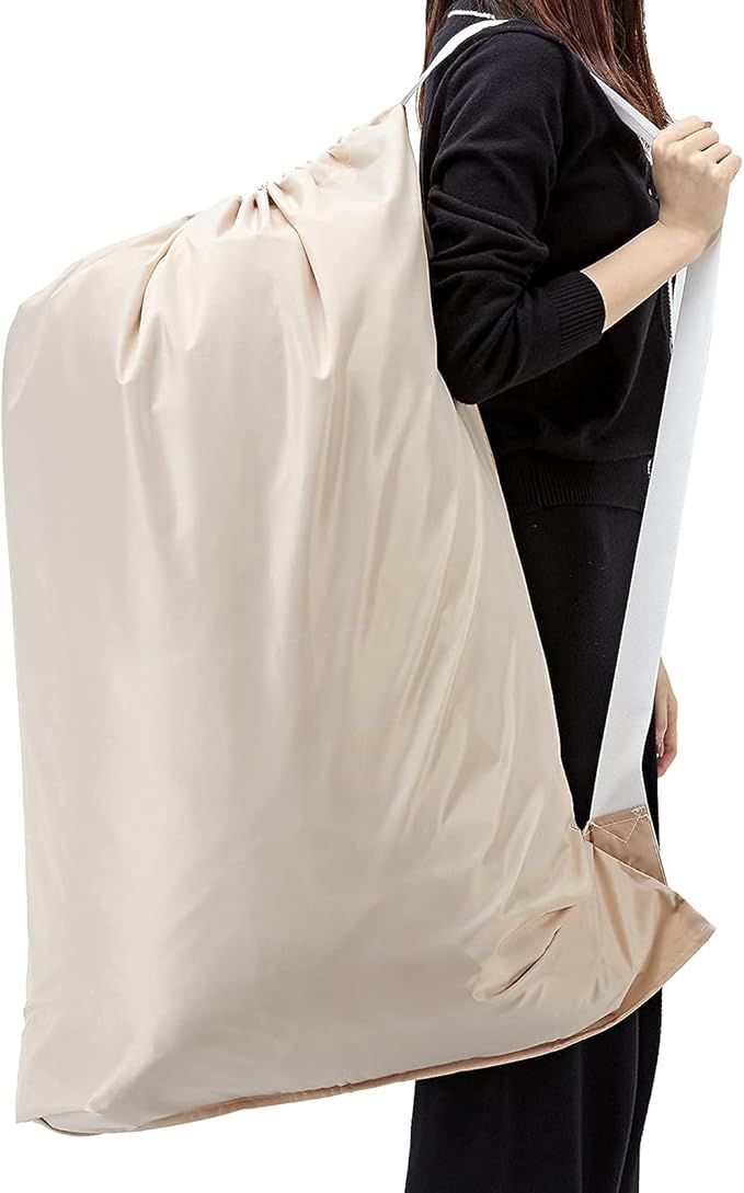 HOMEST XL Nylon Laundry Bag with Strap, Large Dirty Garments Organizer, Easy Fit a Hamper or Clothing Basket, Can Carry Up to 4 Loads of Clothes, Beige