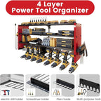 4 Layers Power Tool Organizer Wall Mount with Power Strip, Heavy Duty Metal Tool Shelf, 400lbs Capacity for Cordless Drills, Batteries & Garage Storage (8 Slots with 8 Outlets Power Strip)