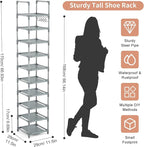 LANTEFUL Narrow Shoe Rack 10-Tier Tall Shoe Organizer Skinny Shoe Shelf Storage for 10-15 Pairs Shoe and Boot, Space Saving Corner Shoe Rack Organizer for Closet, Entryway, Living Room, Grey