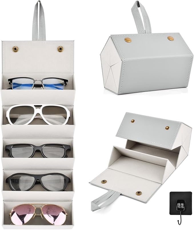 5 Slots Sunglasses Organizer With Hook, Sunglasses Travel Case, Eyeglasses Holder, Multiple Glasses Case for Women Men(COLOR:Grey)
