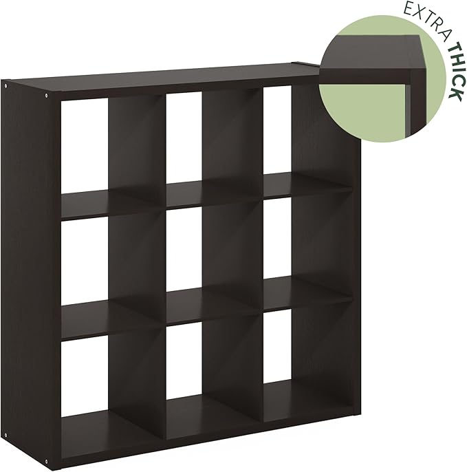 Furinno Cubicle Open Back Decorative Cube Storage Organizer, 9-Cube, Black Dark Oak