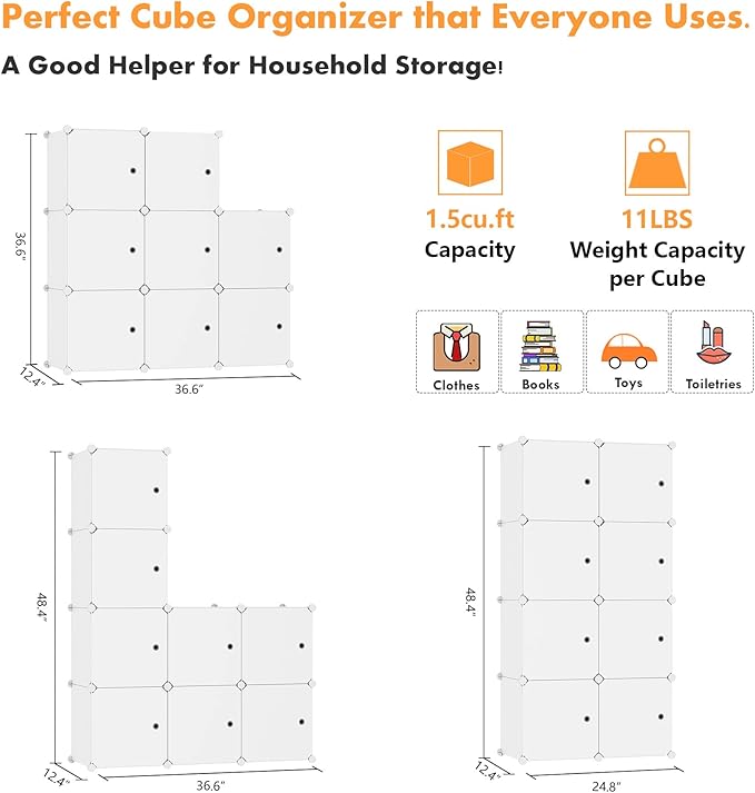 C&AHOME Cube Storage Organizer with Doors, 8-Cube Shelf, Closet Cabinet, DIY Plastic Modular Bookshelf, Storage Shelves Ideal for Bedroom,Living Room,24.8" L × 12.4" W × 48.4" H Milky UGSHS3008M