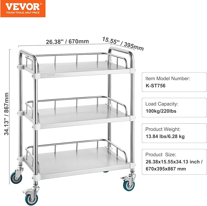 VEVOR Lab Rolling Cart, 3-Shelf Stainless Steel Rolling Cart, Lab Serving Cart with Swivel Casters, Dental Utility Cart for Clinic, Lab, Hospital, Salon, 26.38"x15.55"x34.13"