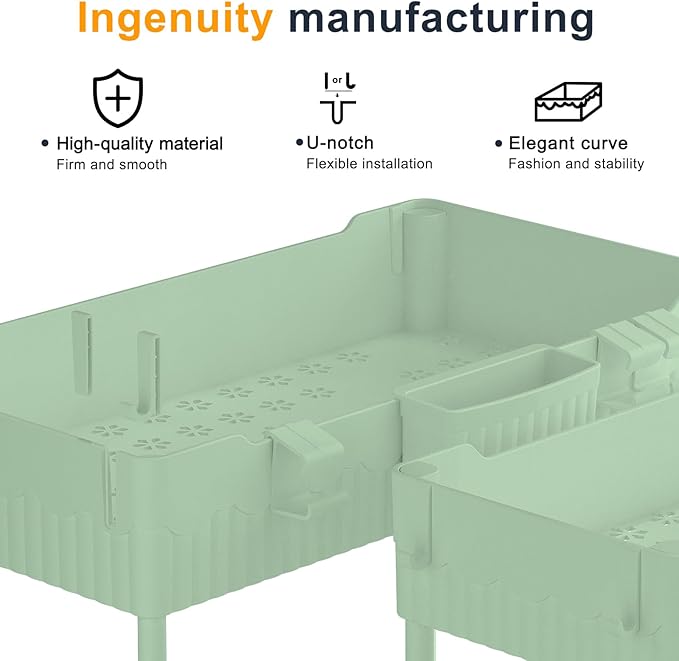 2 Pack Under Sink Organizer, Under Bathroom Cabinet Organizer with Hooks Hanging Cup, Multi-Purpose Storage Shelf for Kitchen Bathroom (Green, L)