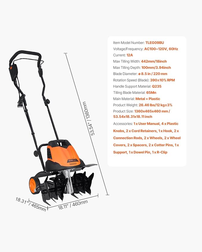 VEVOR 12 Amp Electric Tiller, 18" Tilling Width 3.94" Tilling Depth Corded Electric Tiller/Cultivator, Steel Mn Tines, Rototiller for Garden Lawn Soil Digging
