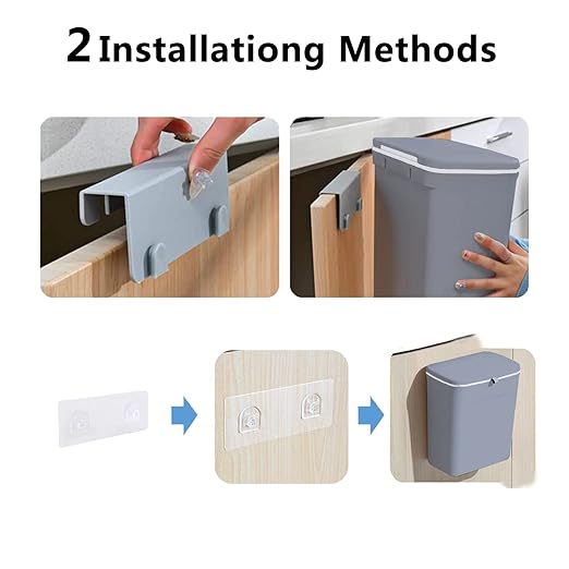 TOPROAD Kitchen Hanging Trash Can, 2.4 Gallon Wall Mounted Counter Waste Compost Bin, Small Garbage Can with Lid for Cupboard/Bathroom/Bedroom/Office/Camping/Under Sink(Grey)