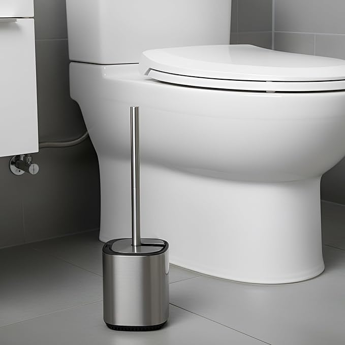 Toilet Bowl Brush and Holder, Toilet Brush with Stainless Steel Handle and Durable Bristles for Bathroom Cleaning, Automatic Closing Holder Set (Silver)