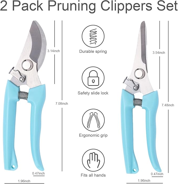 2 Pack Stainless Steel Pruning Shears & Garden Shears, Sharp Bypass & Straight Blade Garden Scissors, Comfortable Grip & Safety Lock for Pruning, Cutting and Fruit Picking