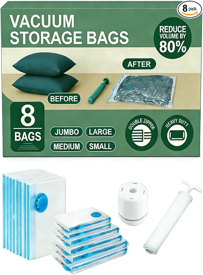 Vacuum Storage Bags with Electric Pump and Hand Pump,8 Pack Vacuum Seal Bags for Clothing,Space Saver Bags for Travel and Home(Large 60 * 80)