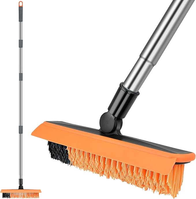 2 in 1 Floor Brush Scrubber with Long Handle Telescopic 3 Poles 61.8'' Grout Brush Scrape Stiff Bristle Cleaning Scrub Brush with Squeegee 180°Rotating Tile Brush for Cleaning Bathroom Glass Patio