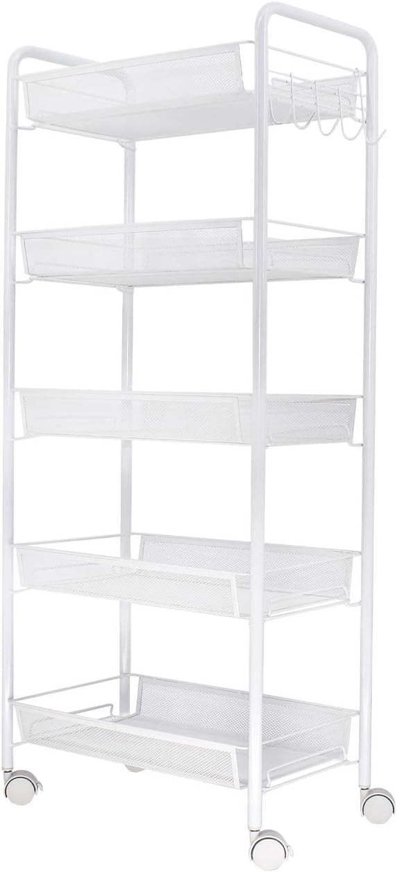JANE EYRE 5-Tier Rolling Utility Storage Rack Cart on Wheels, Trolley Craft cart, Multi-Purpose Organizer Shelf, White