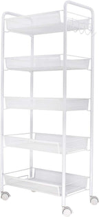 JANE EYRE 5-Tier Rolling Utility Storage Rack Cart on Wheels, Trolley Craft cart, Multi-Purpose Organizer Shelf, White