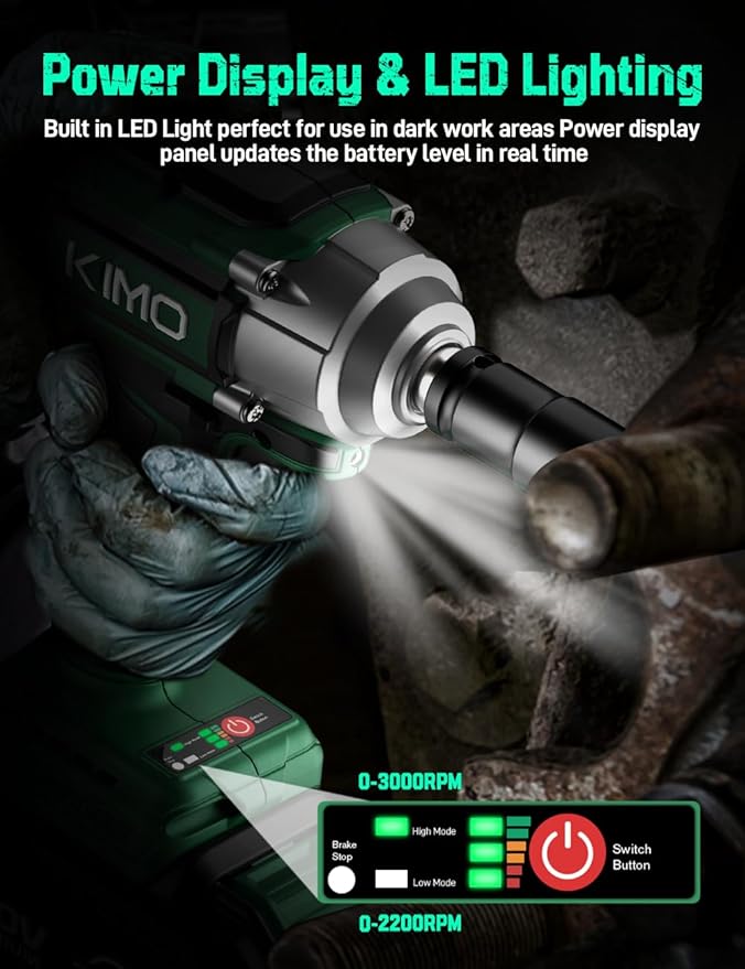 KIMO Impact Wrench 1/2, Max Torque 406ft-lbs (550N.m) & 3000RPM /Premium Brake Stop, 9-Piece Drill & Serewdriver Set, 4 Sockets, Cordless Impact Wrench with 4000mAh Battery, Impact Driver for CarTires