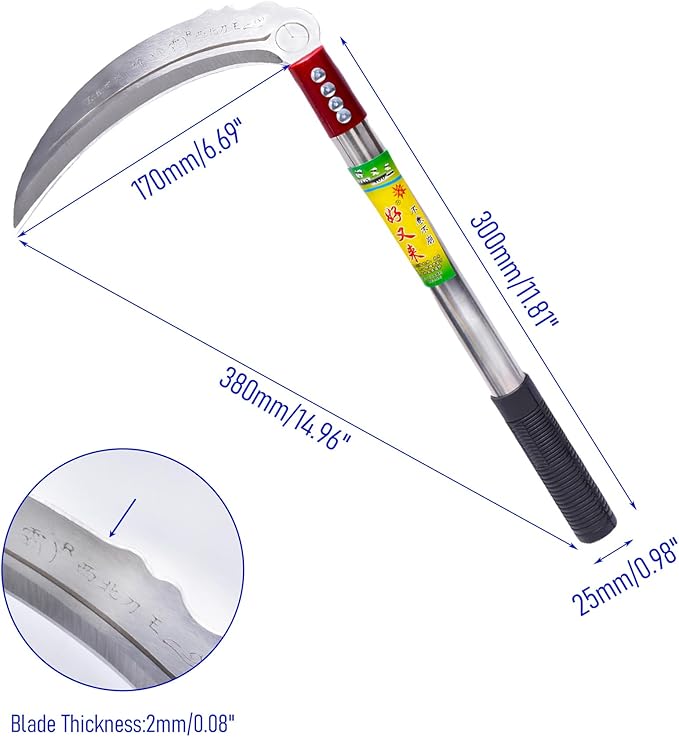 1pce 380mm/14.96in Stainless Steel Billhook Brush Clearing Sickle for Grass,Weeding Tools for Garden,Curved Sawtooth Sickle,Machete Axe for Cutting Trees,Steel Blade Knife in Hand