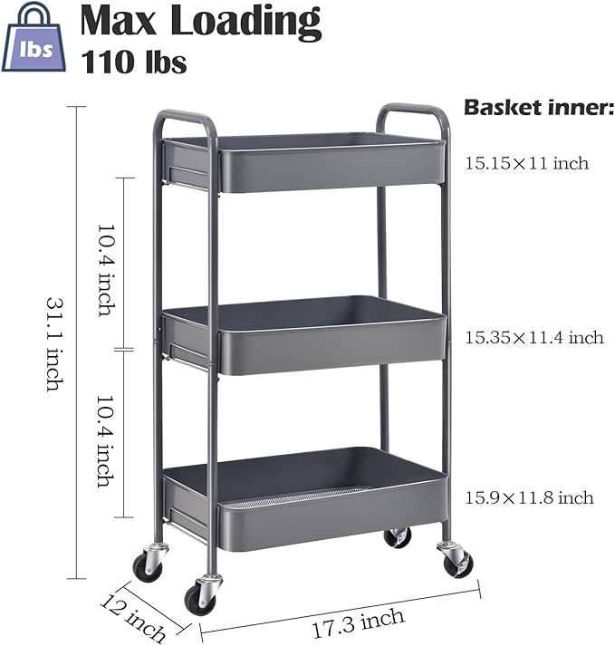 TOOLF 3-Tier Metal Rolling Cart with Wheels, Storage Utility Organizer Cart for Kitchen, Bathroom, Office, Baby Essentials & Makeup - Lockable Casters, Easy Assembly, Large Capacity, Gray