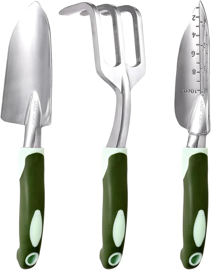 3 PCS Heavy Duty Aluminum Gardening Tool Set for Men & Women Including Hand Shovel, Hand Rake & Transplanter Trowel with Soft Rubberized Non-Slip Ergonomic Handle