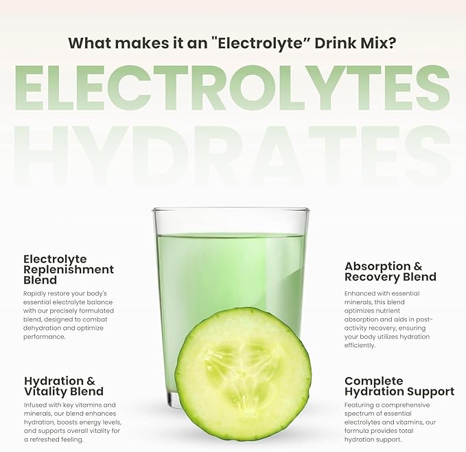 310 Nutrition Sugar Free Electrolytes Powder - Instant Hydration Packets for Daily Fluid Balance - Caffeine-Free Rehydration Drink Mix w/ Vitamins, Low Calorie & Keto Friendly - Cucumber 30 Singles