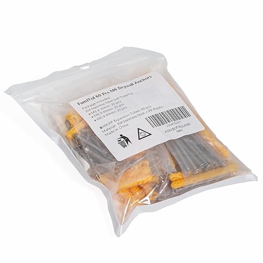 Drywall Anchors Kit 60 pcs 304 Stainless Steel Philips Flat Head Screws and 60 pcs Plastic Anchors for Concrete, Drywall, Brick, and Heavy Hanging Mounting, 3 Size M6 x 30mm/ 40mm/ 60mm